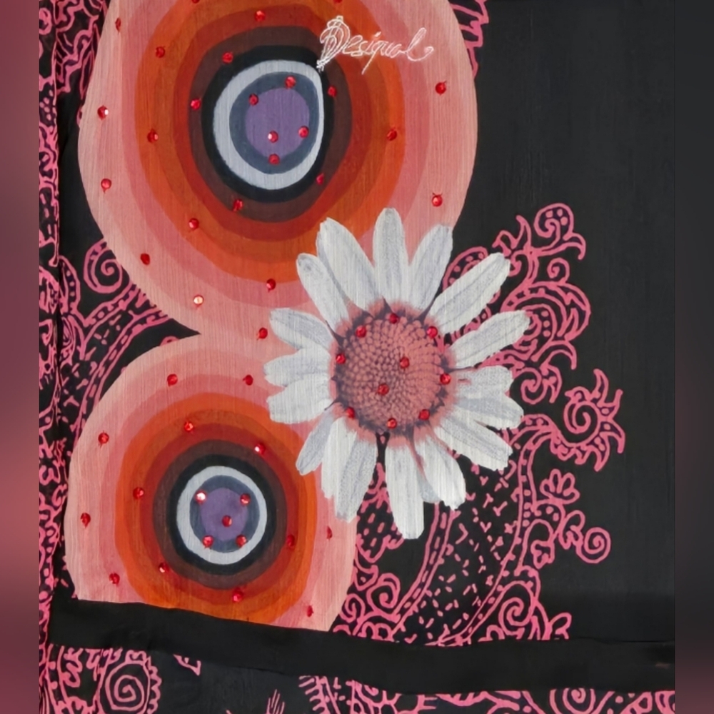 Desigual Black Sheer Blouse with Pink and Orange Floral Print - Picture 4 of 6